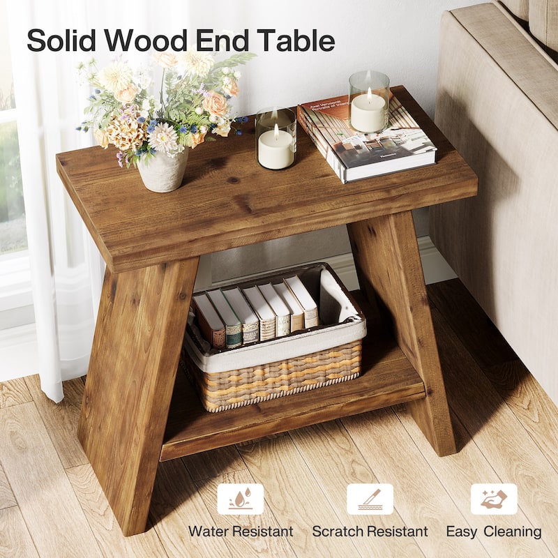 Solid Wood 2-tier Narrow Side End Table for Living Room - 11.81"D x 23.62"W x 23.62"H