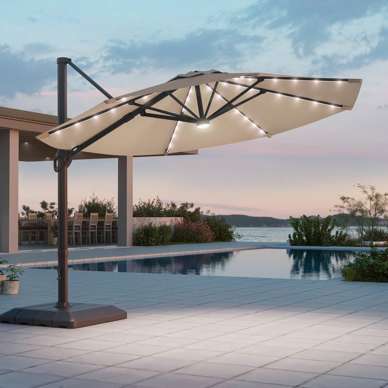 LIVOOSUN 11Ft LED Patio Hanging Octagon Cantilever Umbrella with 360-degree Rotating Canopy