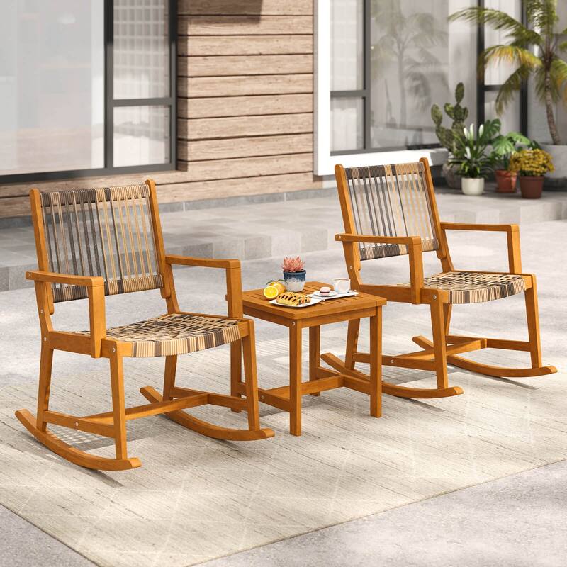 Costway 3 Piece Patio Rocking Set with Rattan Seat & Back Square Side - See Details - Mix Brown and Gray - See Details