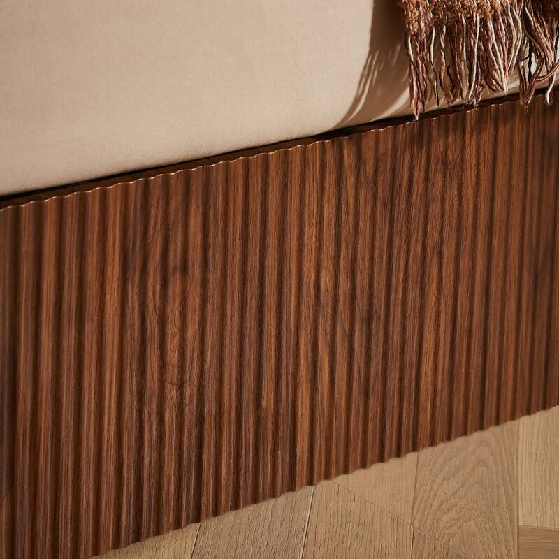 Queen Size Hydraulic Lift Storage Bed Frame, Wooden Corrugated Design, No Box Spring Needed, Walnut Finish