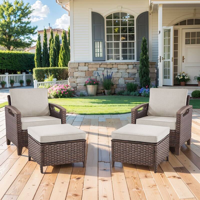 Pocassy Outdoor Club Chair with Cushion Set - Beige Cushion - 2 Club Chairs with 2 Ottoman Set