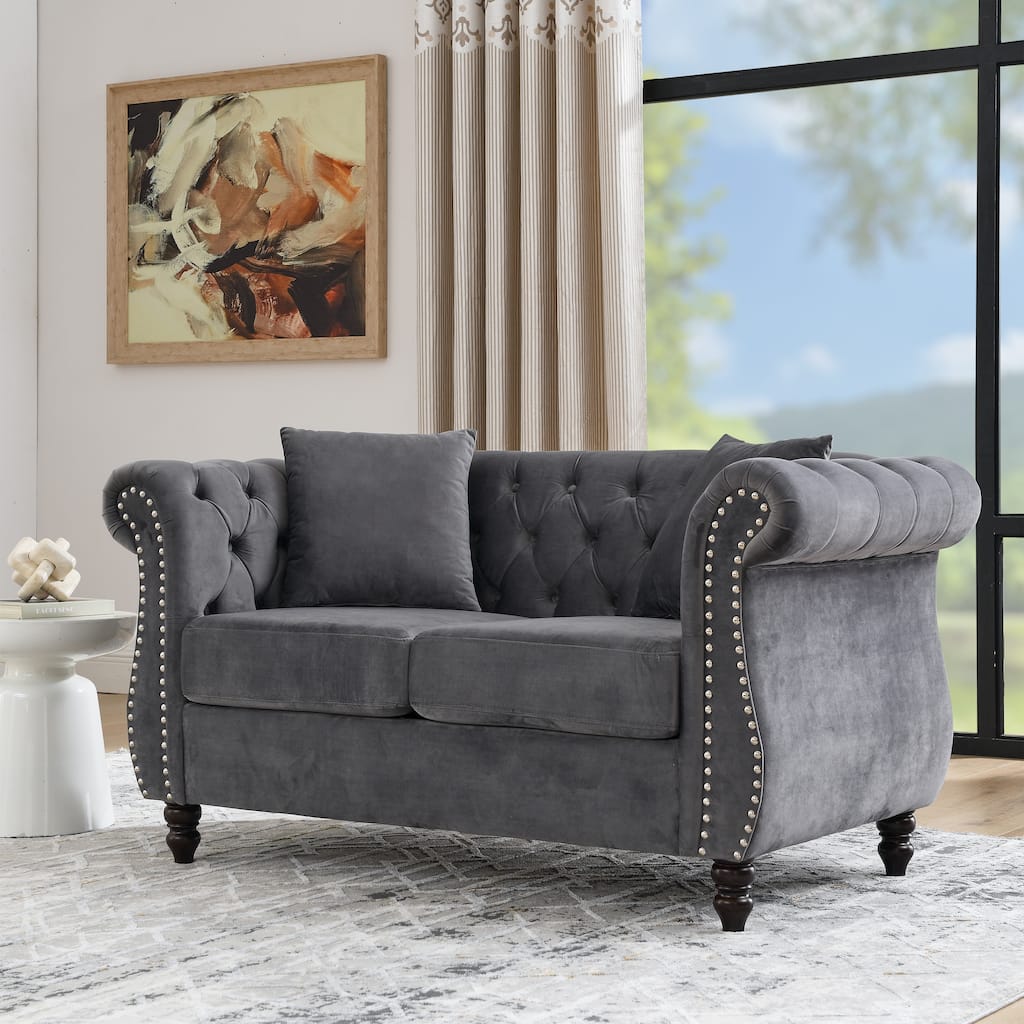 Velvet Chesterfield Upholstered Sofa, Low Back Tufted Sofa with 2 Pillows, 2 Seater Sofa with Nailhead Trim & Rolled Arms