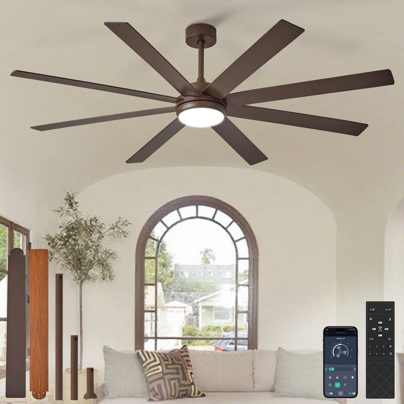 Large Ceiling Fan with Light - 8-Blade, Remote App Control, Dimmable 3CCT, Quiet DC Motor​, 66/72 Inches