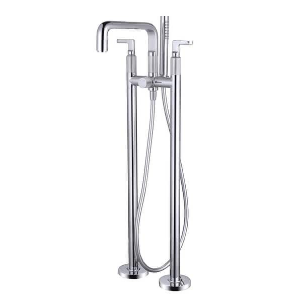 slide 2 of 14, 33" H Solid Brass Floor Mounted Freestanding Tub Faucet with Hand Shower and Diverter Chrome/White