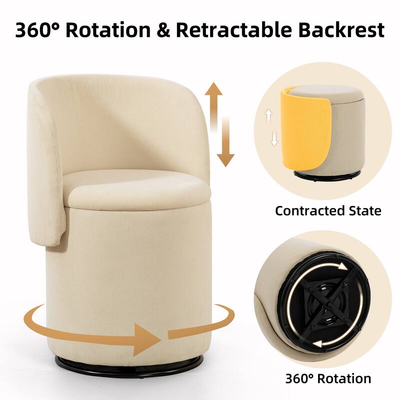 Stylish Upholstered Barrel Chair: 360°Swivel Vanity Stool for Bedroom & Dining Chair, Built-in Storage, Soft Padded Accent Seat