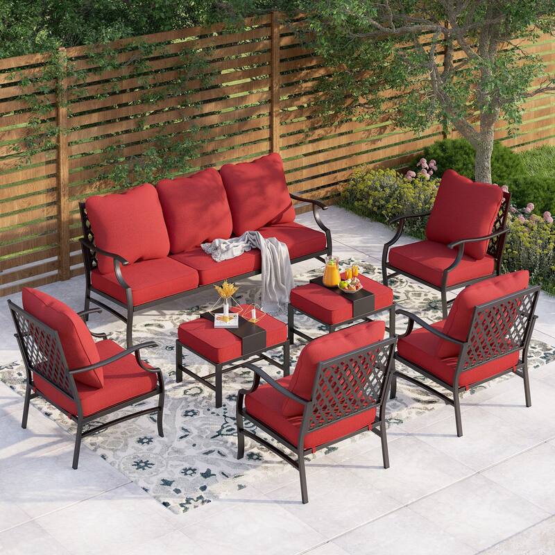 MAISON ARTS 6/7-Piece Patio Conversation Sets, Sofa Set with 2/4 x Single Chairs, 1 x 3-seater Sofa and Coffee Table/Ottomans - Set 4 - Red