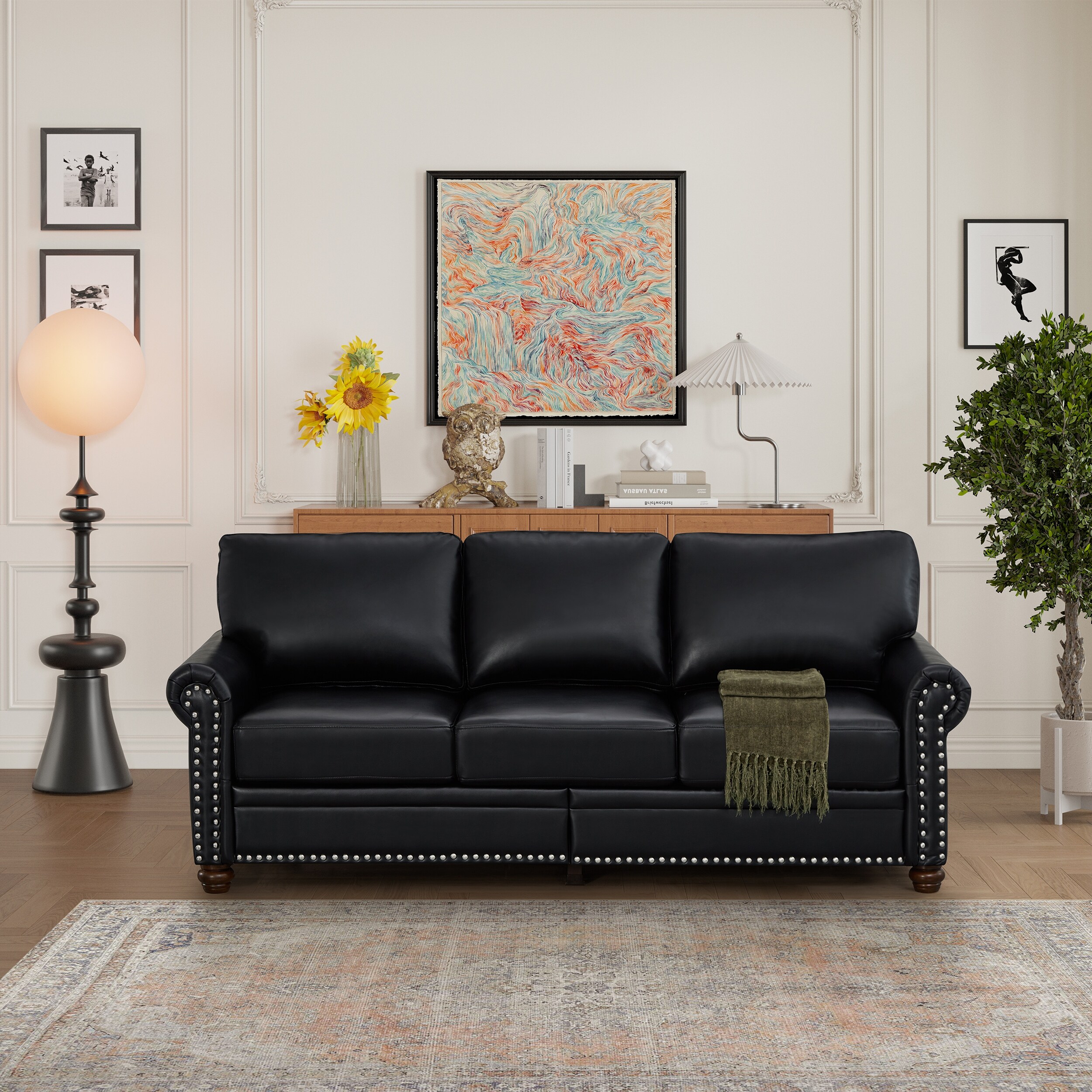Black Classic PU Leather 3 Seater Sofa with Removable Storage Boxes Under Seat Cushion for Easy Organization Bed Bath Beyond 40682399
