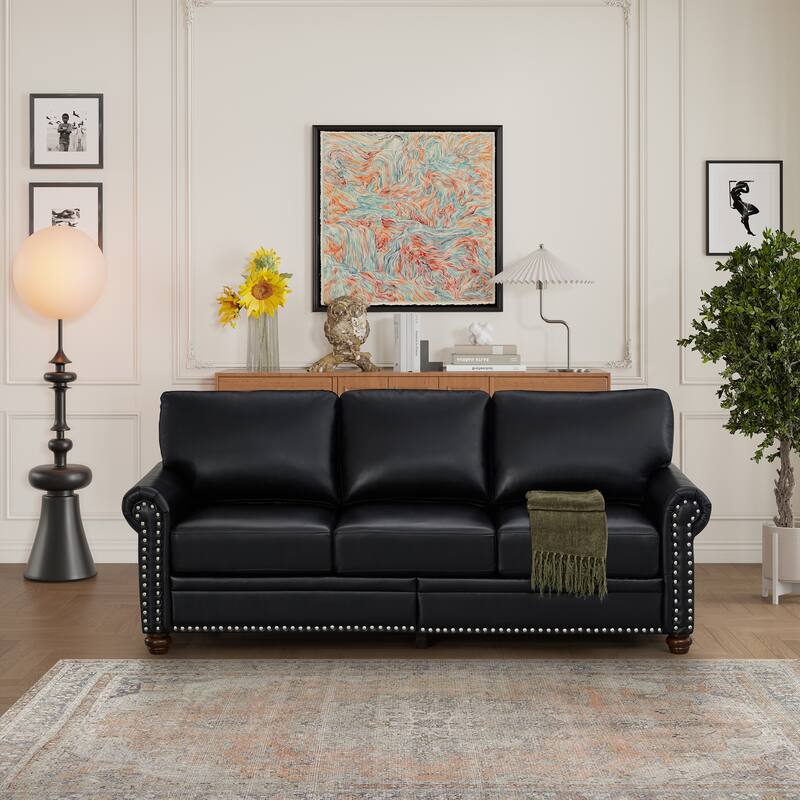 Elegant Living Room Sofa: High Capacity Faux Leather Couch with Decorative Nails - Black