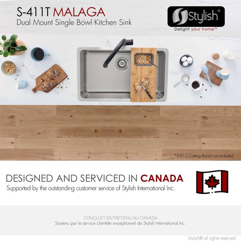 Stylish Dual Mount 30" Stainless Steel Single-Bowl Kitchen Sink S-411 - 30" x 18" x 9"