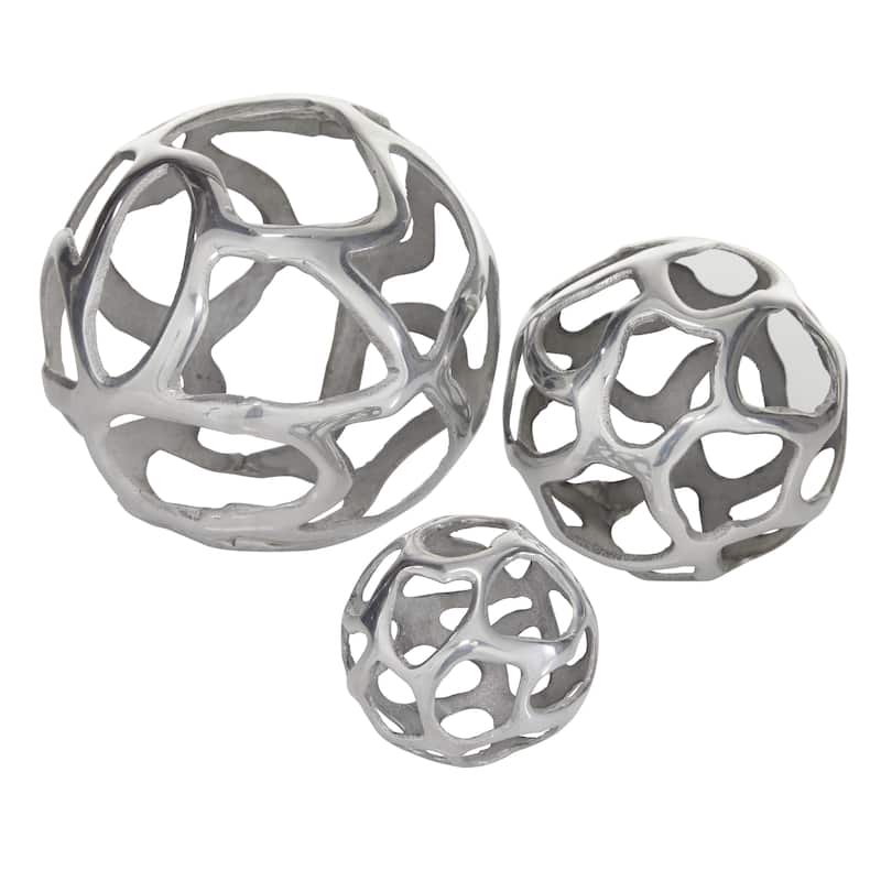 Aluminum Metal Abstract Cutout Orb Decorative Sculpture - Set of 3 Brass or Silver - Roche River Decor