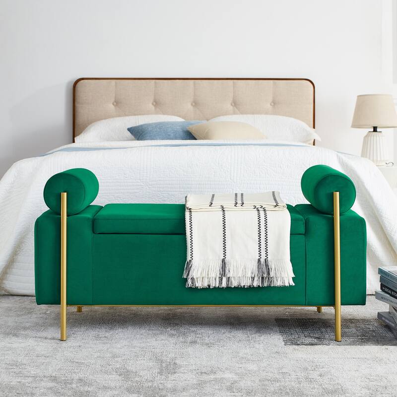 Elegant Upholstered Velvet Storage Bench - Green