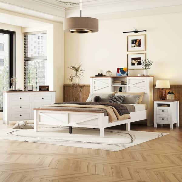 slide 2 of 20, 3-Piece Queen Size Bedroom Set - Farmhouse Platform Bed with Double Sliding Door Storage Headboard, Nightstand, and Dresser White