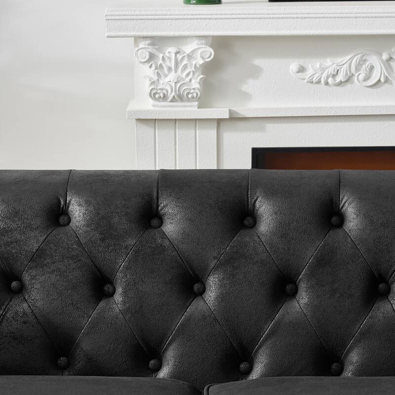 Roomfitters 83 Inch Classic Chesterfield Upholstered Sofa Set, 2-Piece Buttoned Back Scrolled Arm Couch Furniture Set, Black