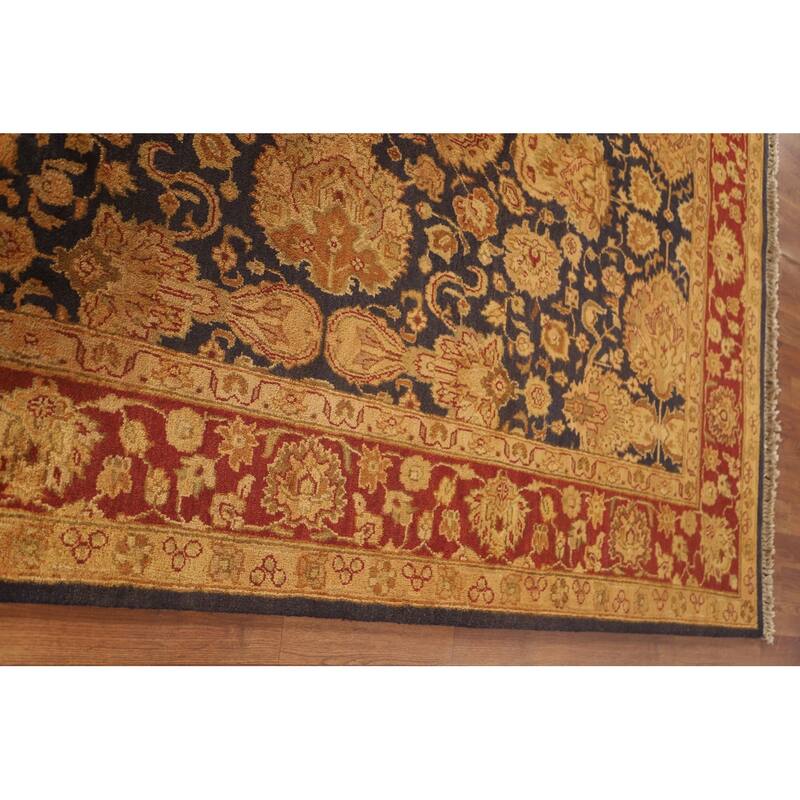 Navy Blue Floral Agra Oriental Area Rug Hand-Knotted Wool Carpet - 5'11" x 8'11"