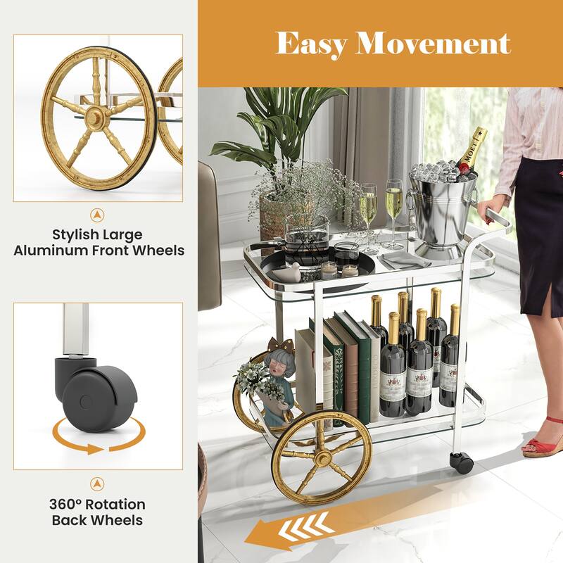 Gymax 2-Tier Serving Cart w/ Tempered Glass Shelves 2 Large Aluminum