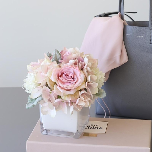 Mademoiselle Plush Pink Rose Hydrangea Floral in Glass Vase