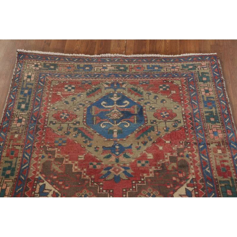 Geometric Tabriz Persian Vintage Runner Rug Handmade Wool Carpet - 3'7"x 11'3"