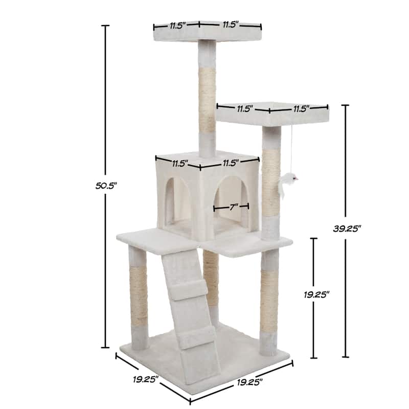 Petmaker White 4-Tier Cat Tower Tree with Cat Condo, Scratching Posts, and Hanging Toy