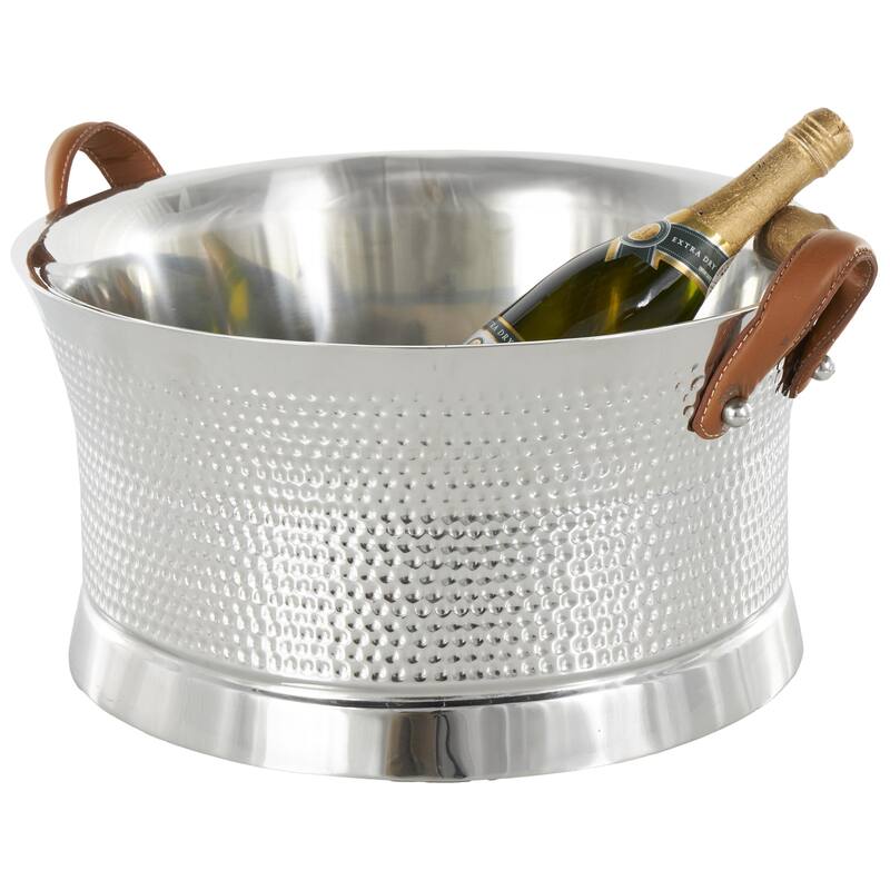 Silver Stainless Steel Metal Hammered Ice Bucket with Brown Leather Handles - 18"W x 21"L x 11"H