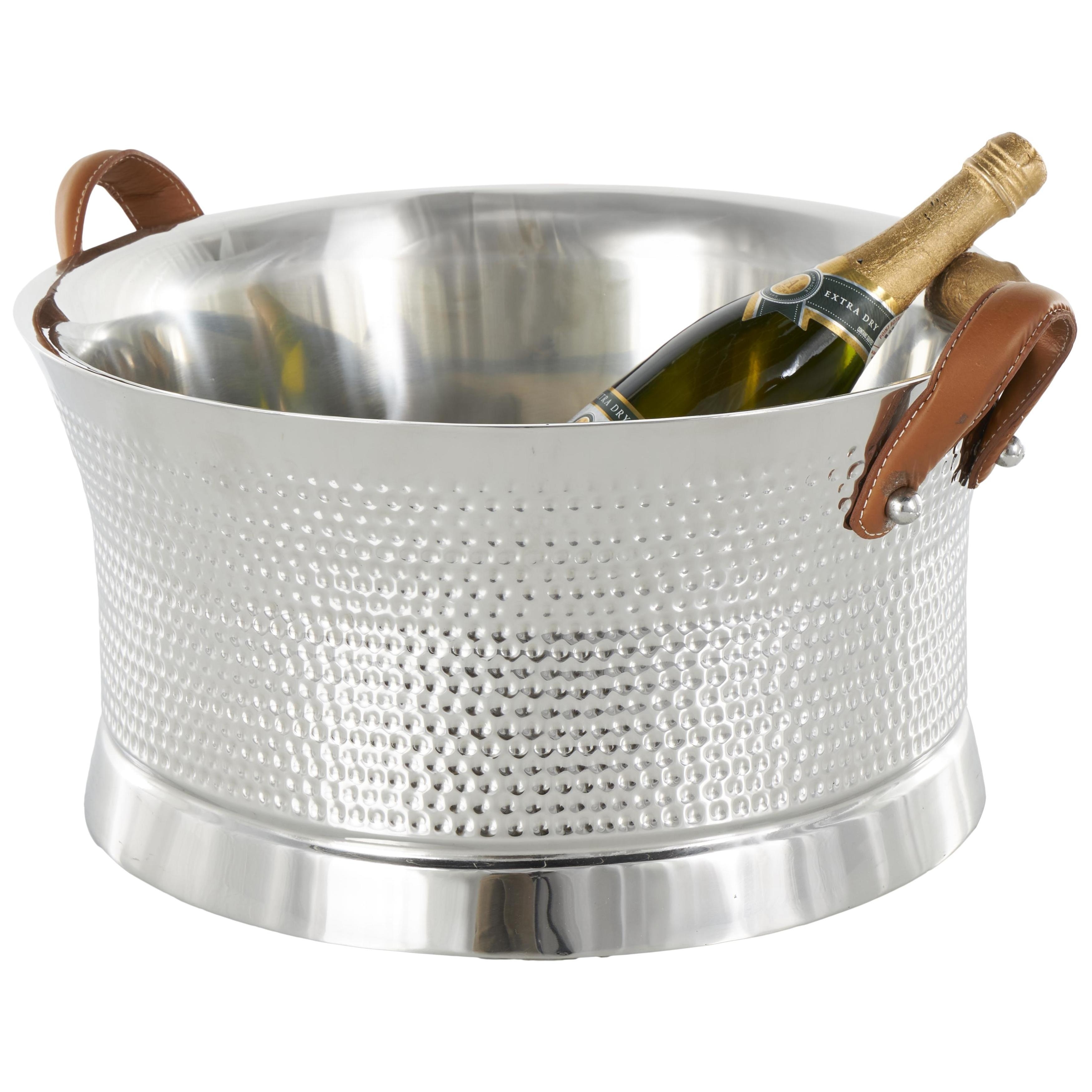 Stainless Steel Metal Hammered Ice Bucket with Brown Leather Handles - Silver - Roche River Decor - 18"W x 21"L x 11"H