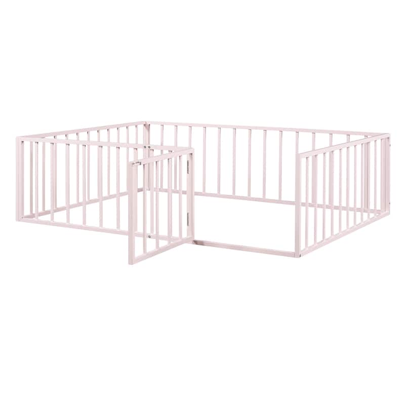 Full Size Metal Floor Bed Frame with Fence and Door for Kids