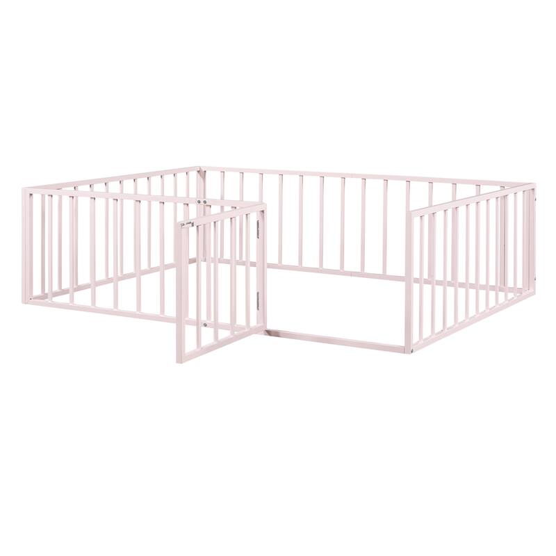 Pink Full Size Metal Floor Bed Frame with Fence and Door for Kids