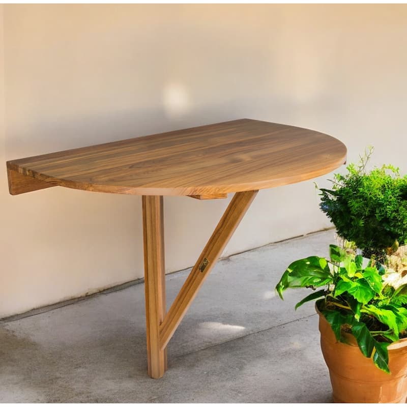 HomeRoots 24" Brown Half Round Solid Wood Folding Outdoor Balcony Table - Brown
