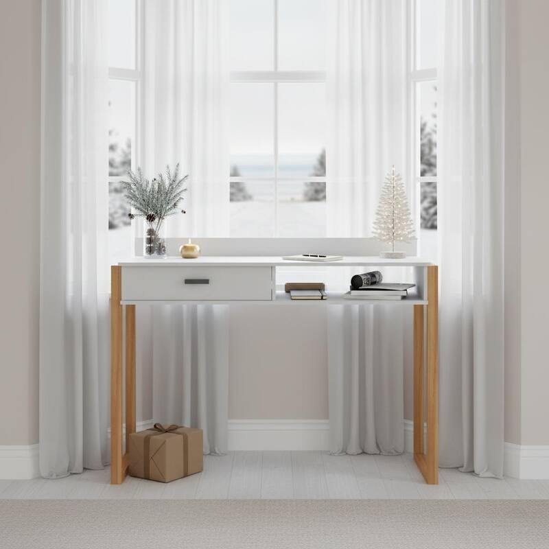 Modern Computer Desk with Drawer, Space-Saving, Shelf and Dual USB Charging Ports - white-brown