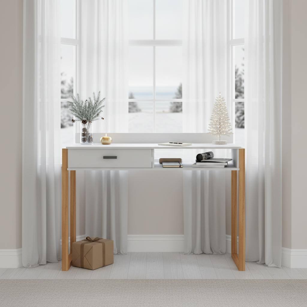 Modern Computer Desk with Drawer, Space-Saving, Shelf and Dual USB Charging Ports