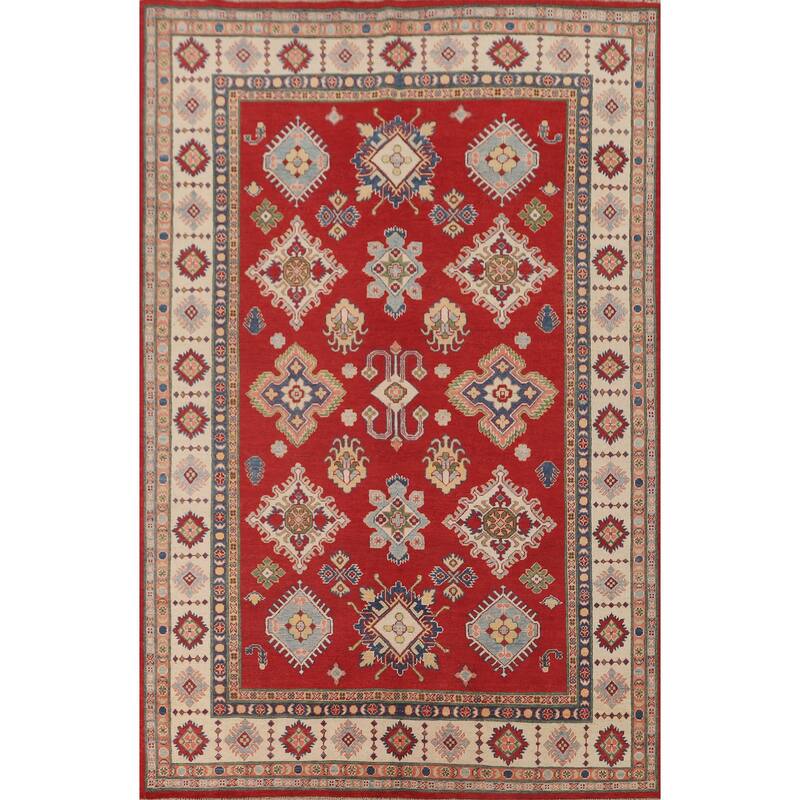 Red Geometric Kazak Living Room Area Rug Handmade Wool Carpet - 6'7" x 9'11"