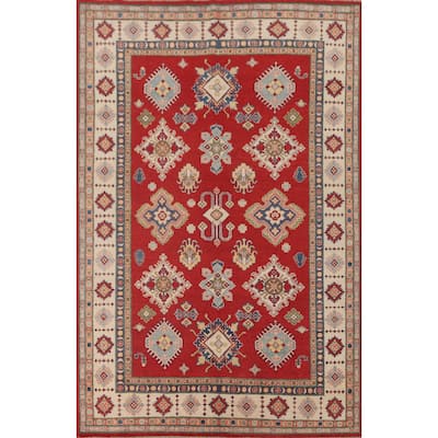 Red Geometric Kazak Living Room Area Rug Handmade Wool Carpet - 6'7" x 9'11"