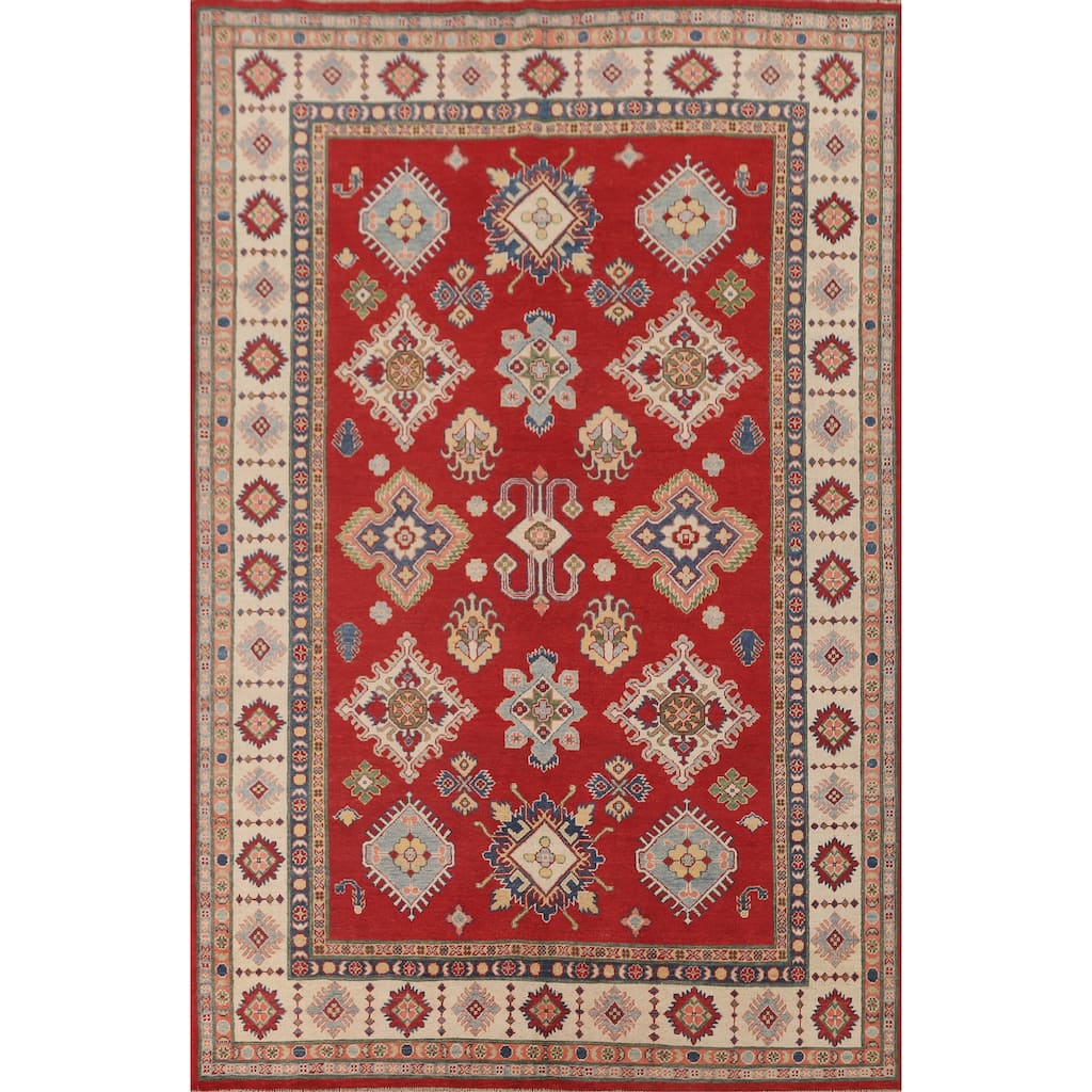 Red Geometric Kazak Living Room Area Rug Handmade Wool Carpet - 6'7" x 9'11"