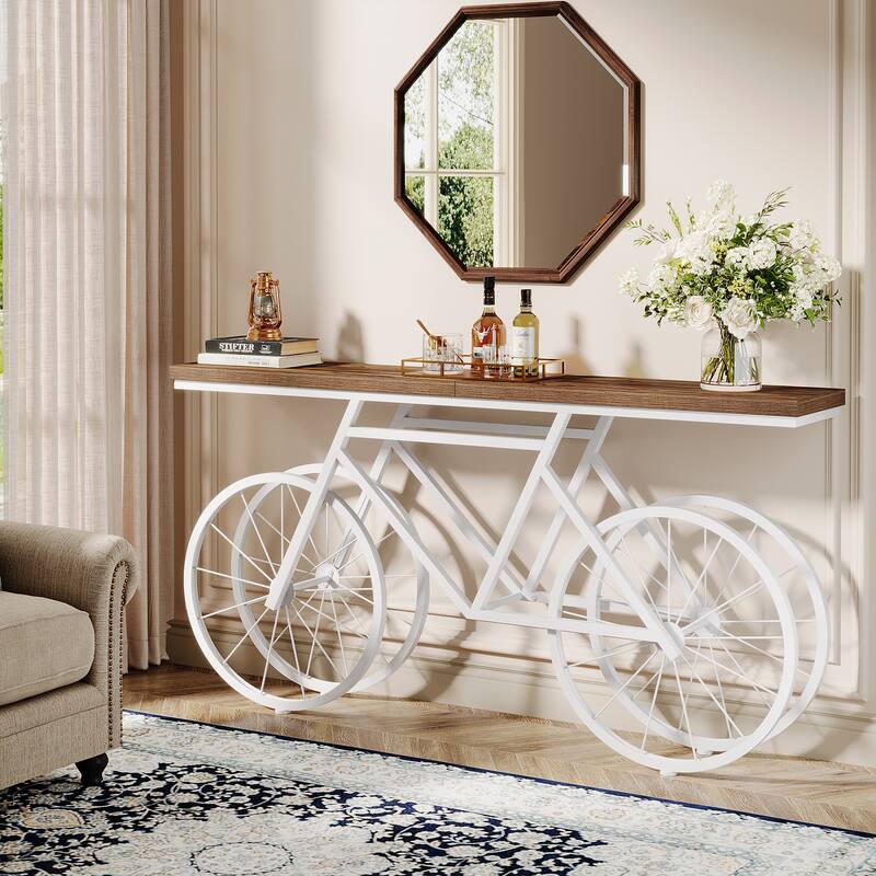 70.9-Inch Long Narrow Console Table with Metal Bicycle Base - Brown - 70.87" L x 11.81" W x 33.46" H
