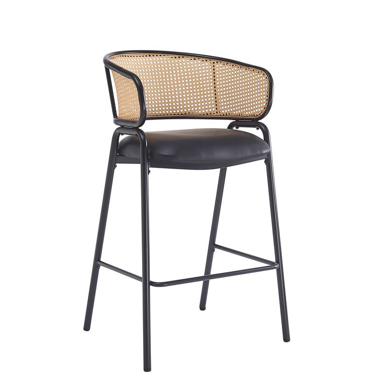 Roomfitters Ethan Indoor Metal Barstools with Woven Rattan Back and Faux Leather Seat, Black Set of 2 - Set of 2