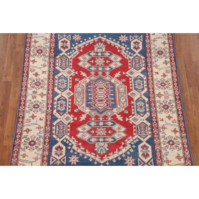 Kazak Oriental Area Rug Hand-Knotted Traditional Blue Wool Carpet - 4'11" x 6'7"