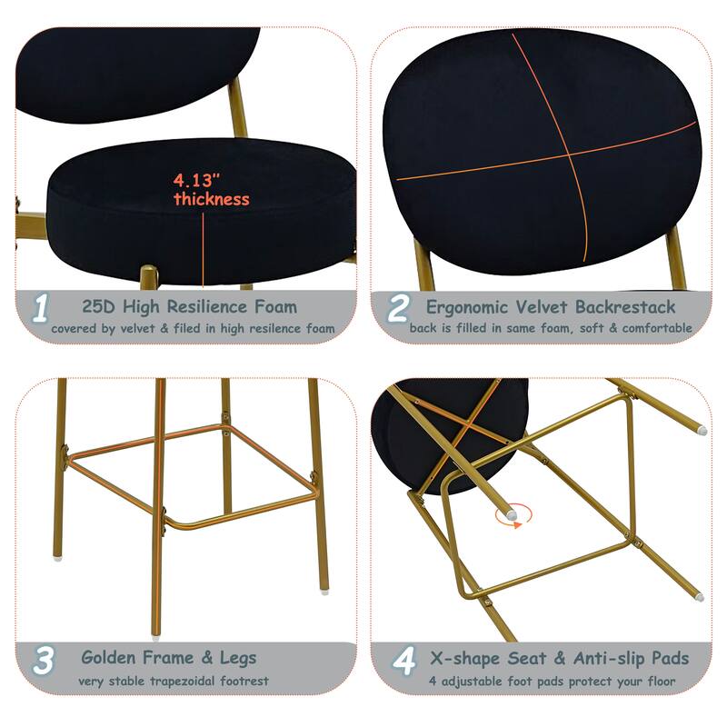 GDFStudio - Lunara Modern Velvet Upholstered Bar Height Bar Stool with Gold Metal Legs, Backrest & Footrest, Set of 2 - 41.34"H