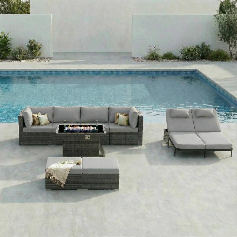 Outdoor Sectional Conversation Set PE Wicker with Double Chaise Lounge, 60,000 BTU Fire Pit Table - 8-Piece/Ottoman - Light Gray