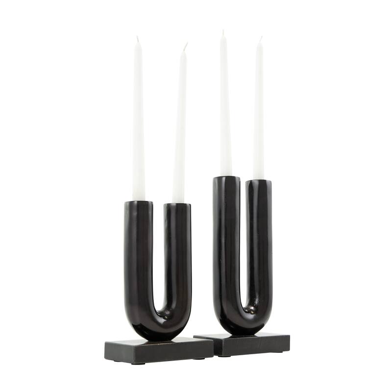 Gold or Black Aluminum U-Shaped Geometric Candle Holder with Marble Bases (Set of 2)