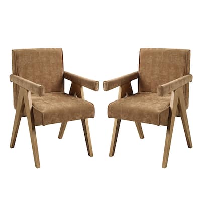 Set of 2 Upholstered Dining Arm Chairs with Crisscross Legs in Chocolate and Oak