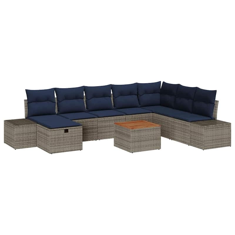 vidaXL 9 Garden Sofa Set with Cushions Black/Grey Poly Rattan - 125.6 x 82.3 x 27.2