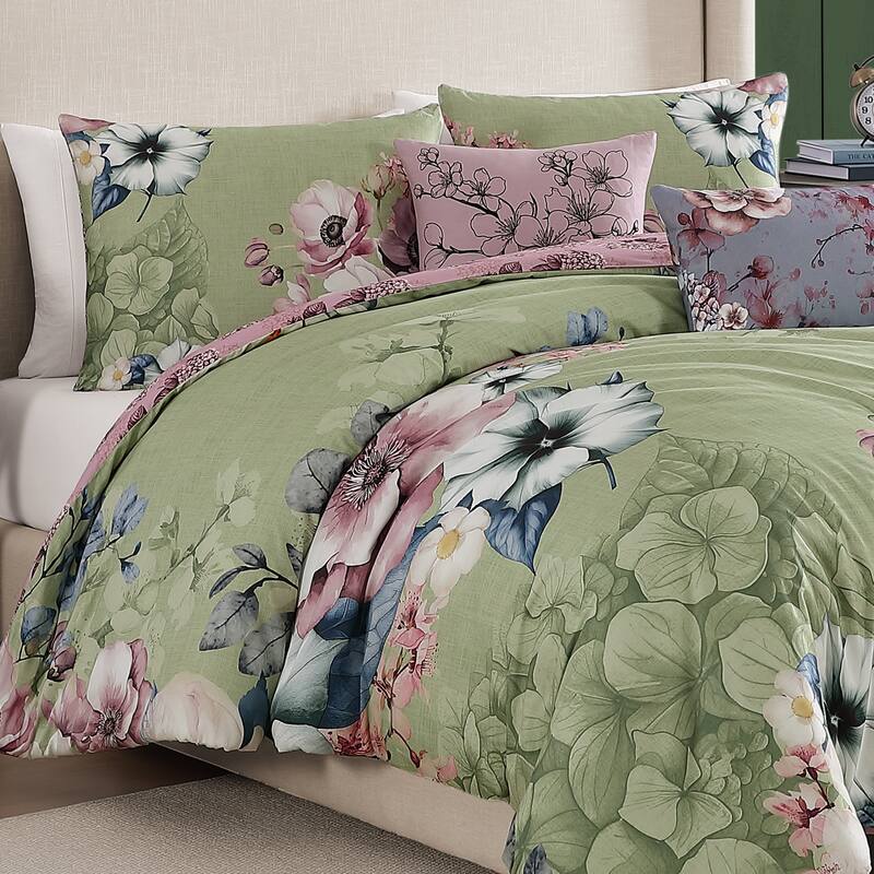 Bebejan Lilac Cascade on Olive 100% Cotton Sateen 5 Piece Reversible Comforter Set