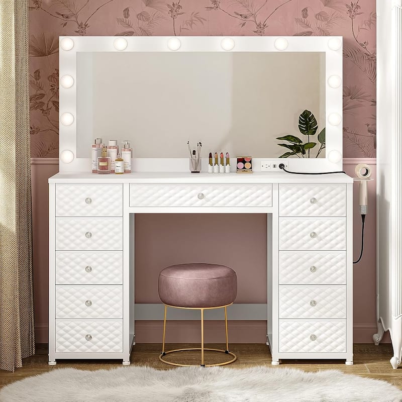 Vanity with Extra Large Mirror and Lights Power Strip 3 Color Modes