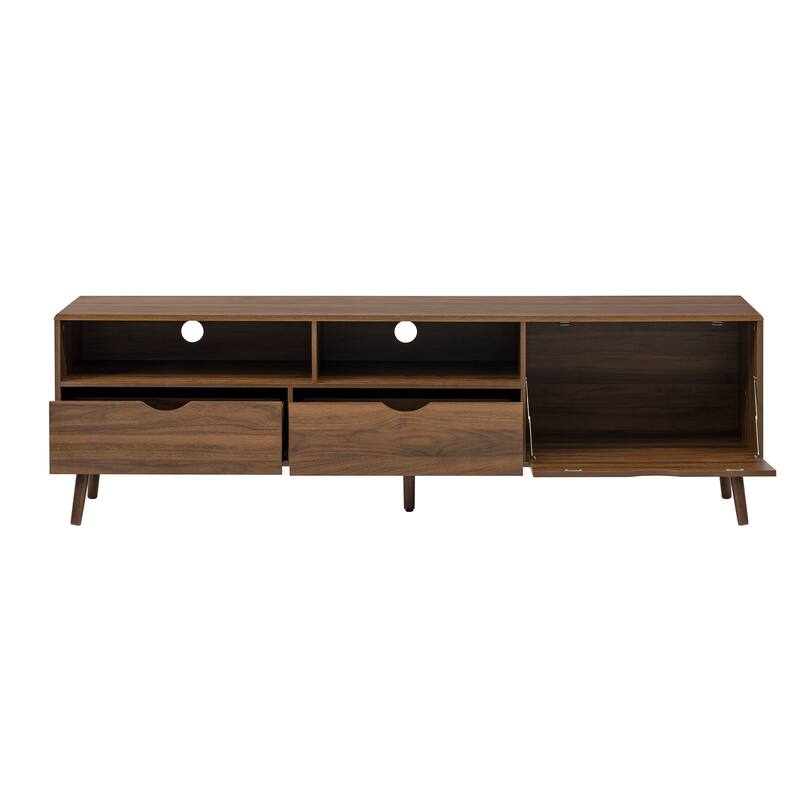 Walnut Media Cabinet TV Stand with 2 Drawers, Mid Century Modern Entertainment Center TV Console Table for TVs up to 80"