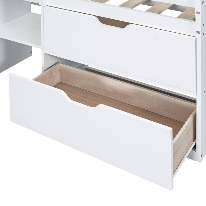 Twin Size Low Loft Bed with Rolling Desk, Shelves, and Drawers - Space Saving Design