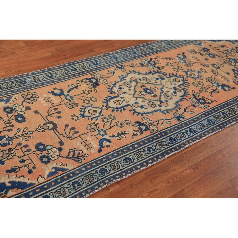 Orange Medallion Hamedan Persian Runner Rug Handmade Wool Carpet - 3'2"x 9'4"