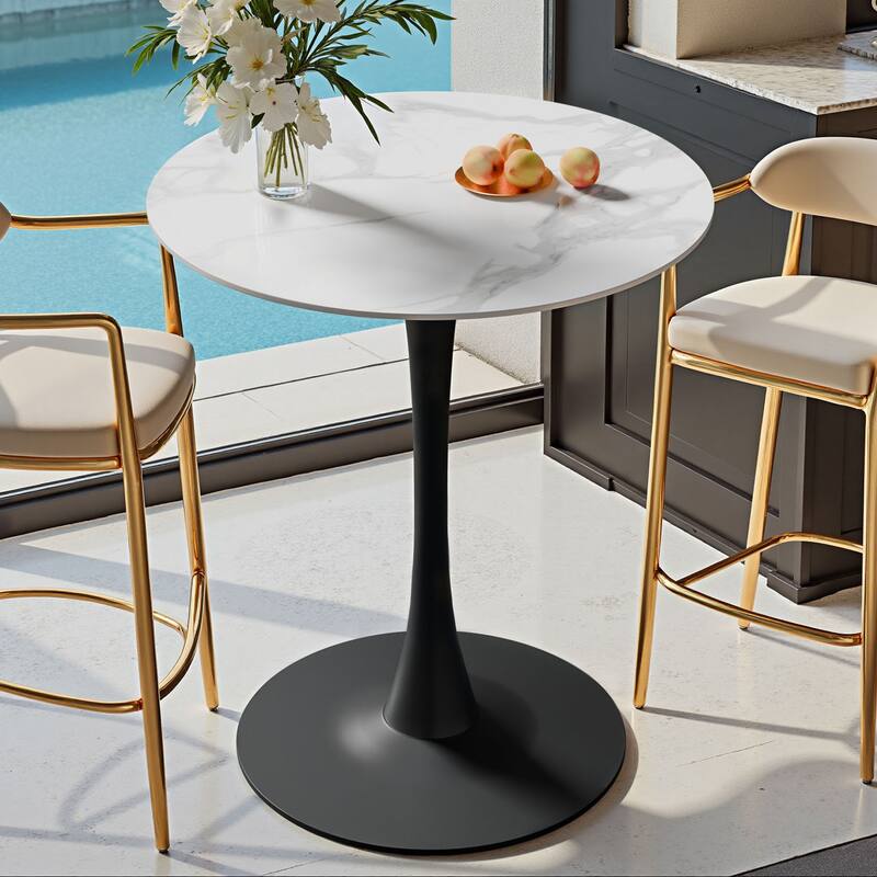 Flower Round Dining Table Modern Tulip Pedestal - 40" Height - Glossy White with Black Base