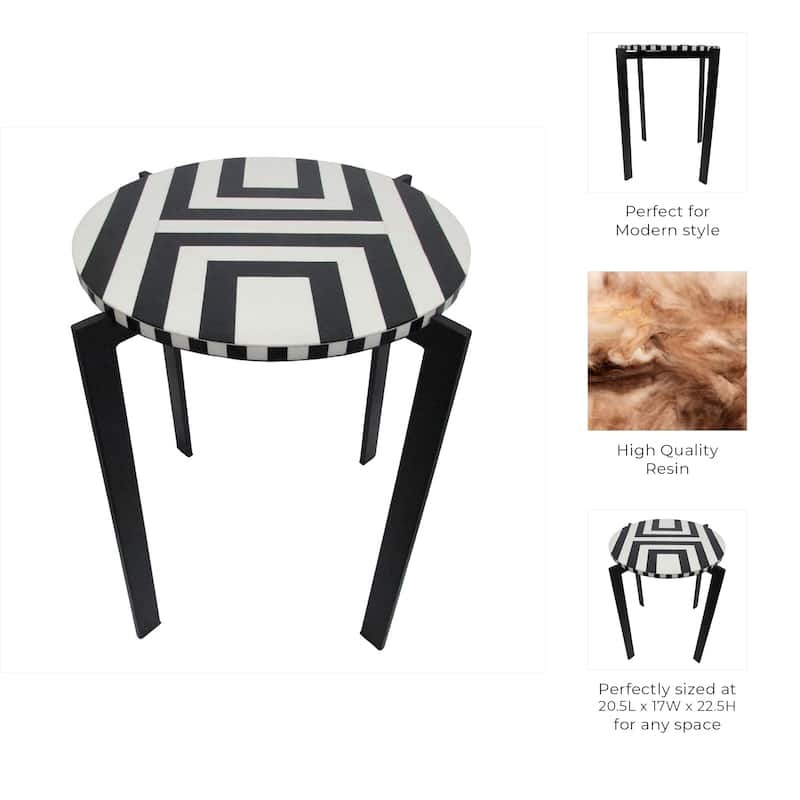 Wood Side Table Round Geometric Top Sleek Base - 23" Black/White - 20.5" x 17" x 22.5"