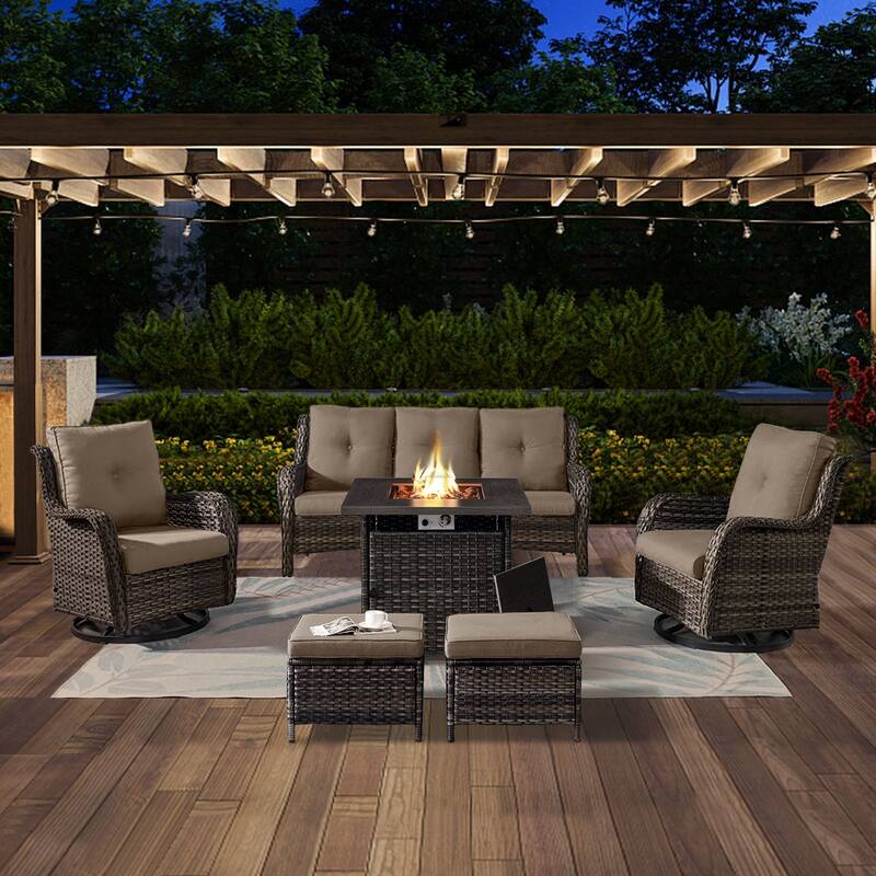 Gymojoy 6-Piece Outdoor Wicker Patio Furniture with Fire Pit Table, Rattan Coversation Set with Water Resistant Thick Cushions - Grey Wicker / Grey Cusion - 6-Piece
