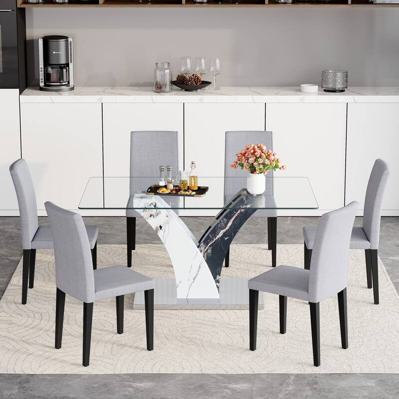 Stylish Dining Table and Chair Set, Modern Rectangular Glass Table with Upholstered Linen Chairs for Kitchen, Dining Room - Light Gray,White+Black-7-Piece Set