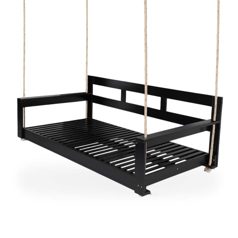 Outdoor Patio Wooden Porch Swing Daybed Frame, Garden Swing Bench Chair w/ 4 Hanging Ropes for Backyard